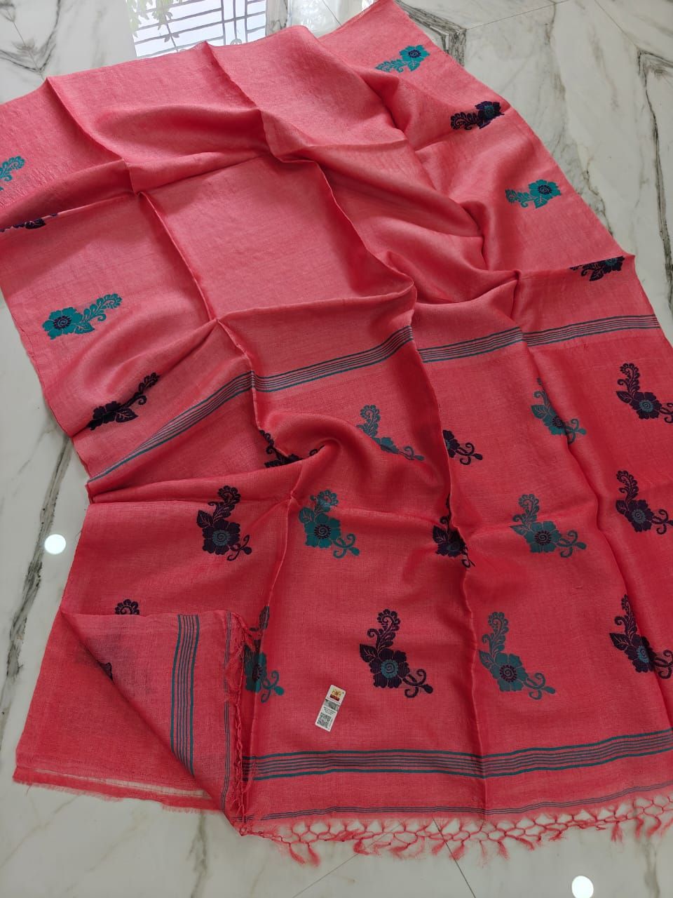 Deep Coral Pink Handwoven Pure Tussar By Tussar Silk Saree
