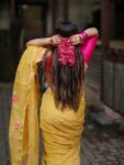 Golden Yellow Tissue Linen Handloom Lotus Motif Saree