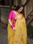 Golden Yellow Tissue Linen Handloom Lotus Motif Saree