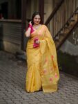Golden Yellow Tissue Linen Handloom Lotus Motif Saree