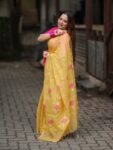 Golden Yellow Tissue Linen Handloom Lotus Motif Saree