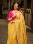 Golden Yellow Tissue Linen Handloom Lotus Motif Saree