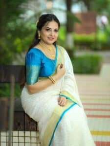 Gorgeous Golden Check Linen Saree With Sky Blue Selvedge Border