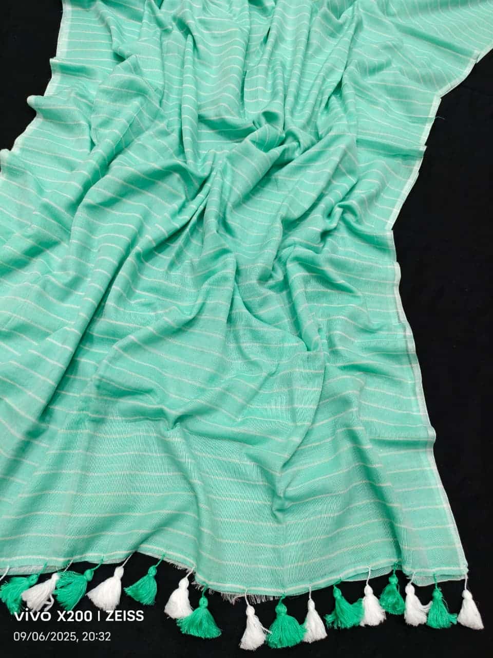 Mint Green Stripe Design Mul Cotton Saree With Running Blouse