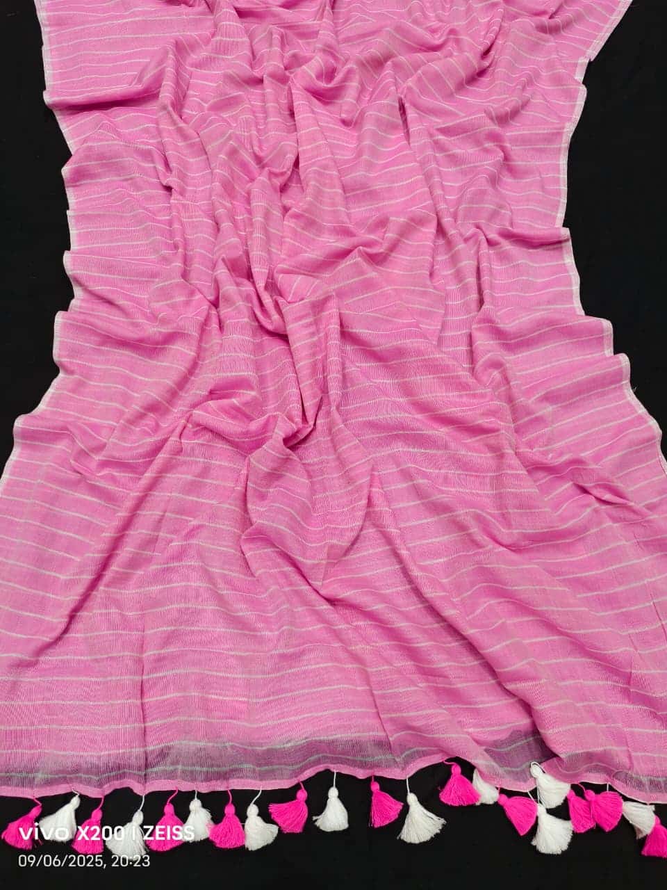 Pink Stripe Design Mul Cotton Saree With Running Blouse
