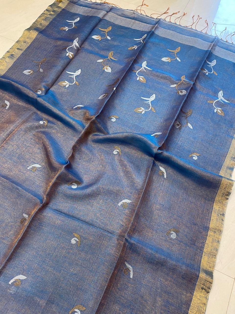Beautiful Golden Blue Handwoven Tissue Linen Saree With Floral Motif