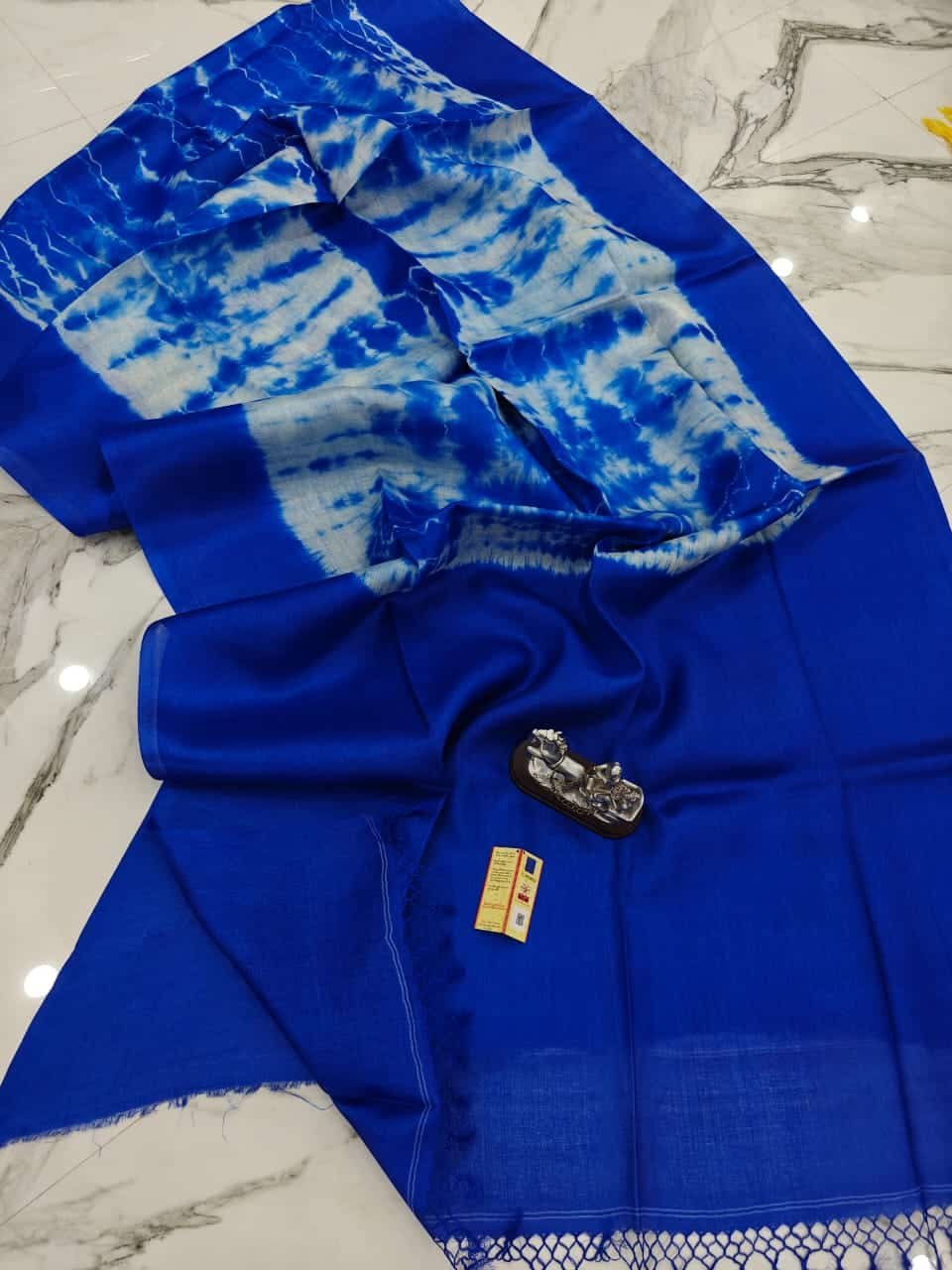 Blue Shibori Pure Tussar Silk Saree With Running Blouse