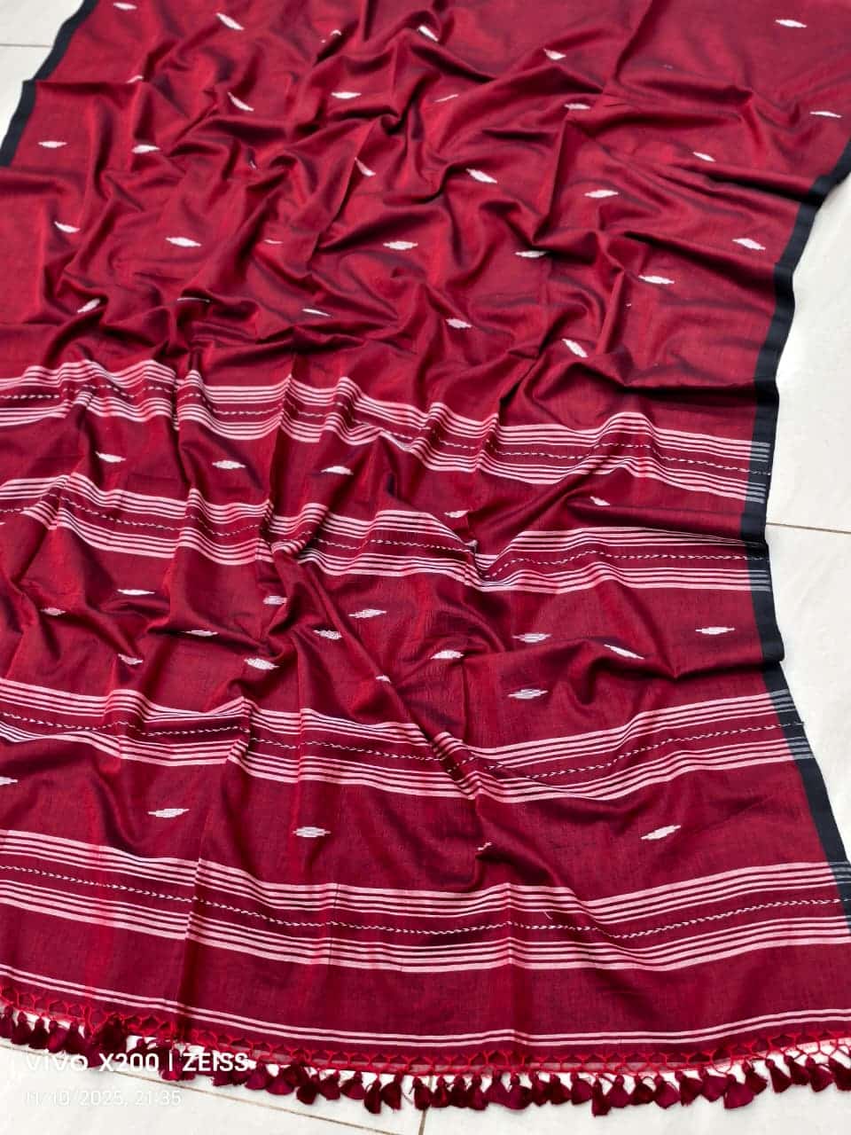 Maroon Handloom Cotton Jamdani Saree With Butti Work