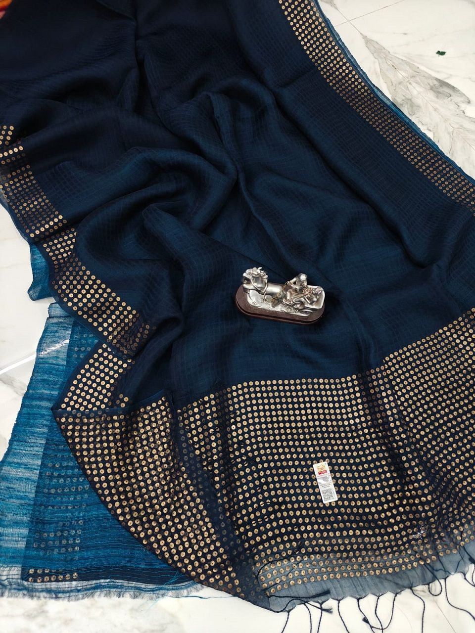 Navy Blue Pure Resham Silk Sequins Woven Saree With Matka Blouse