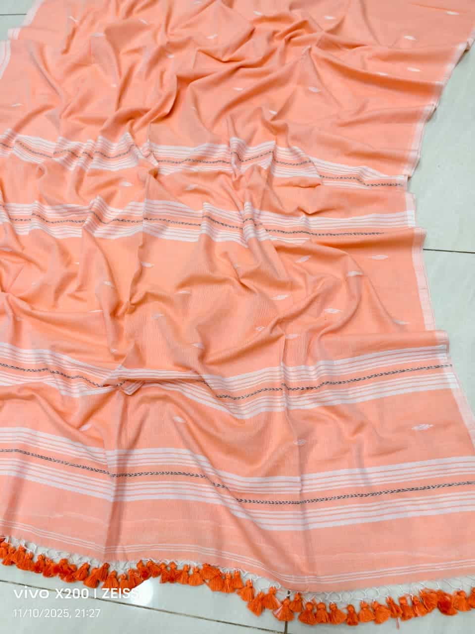 Orange Peach Handloom Cotton Jamdani Saree With Butti Work