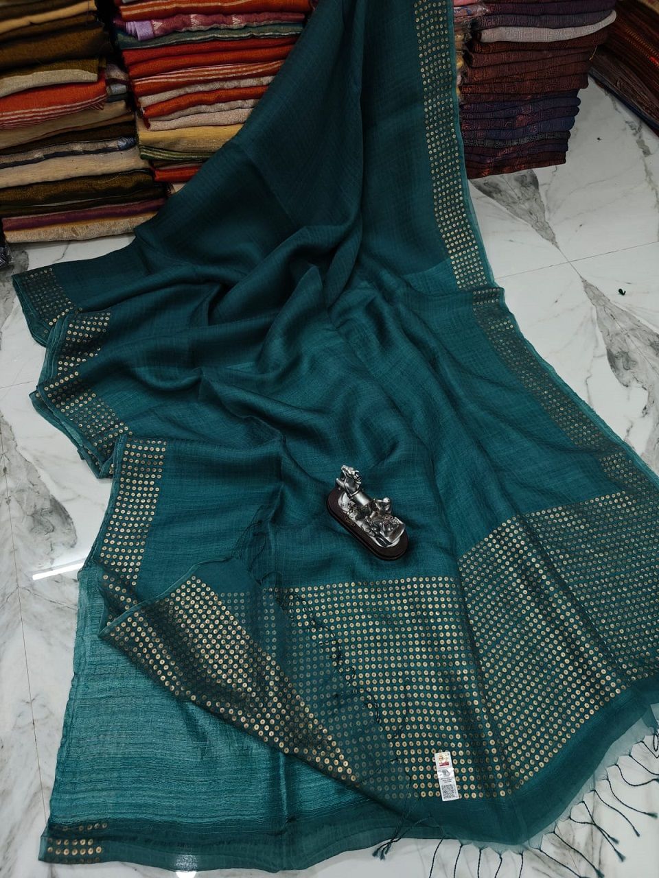 Peacock Blue Pure Resham Silk Sequins Woven Saree With Matka Blouse