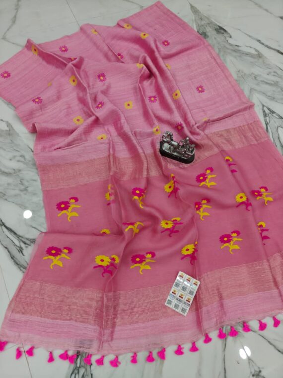 Pink Pure Matka Resham Silk Handloom Floral Motif Saree