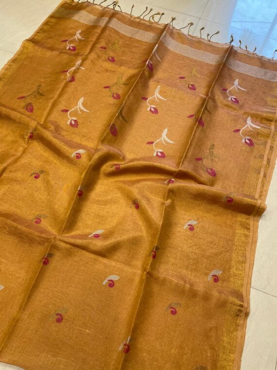 Pleasing Golden Brown Handwoven Tissue Linen Saree With Floral Motif