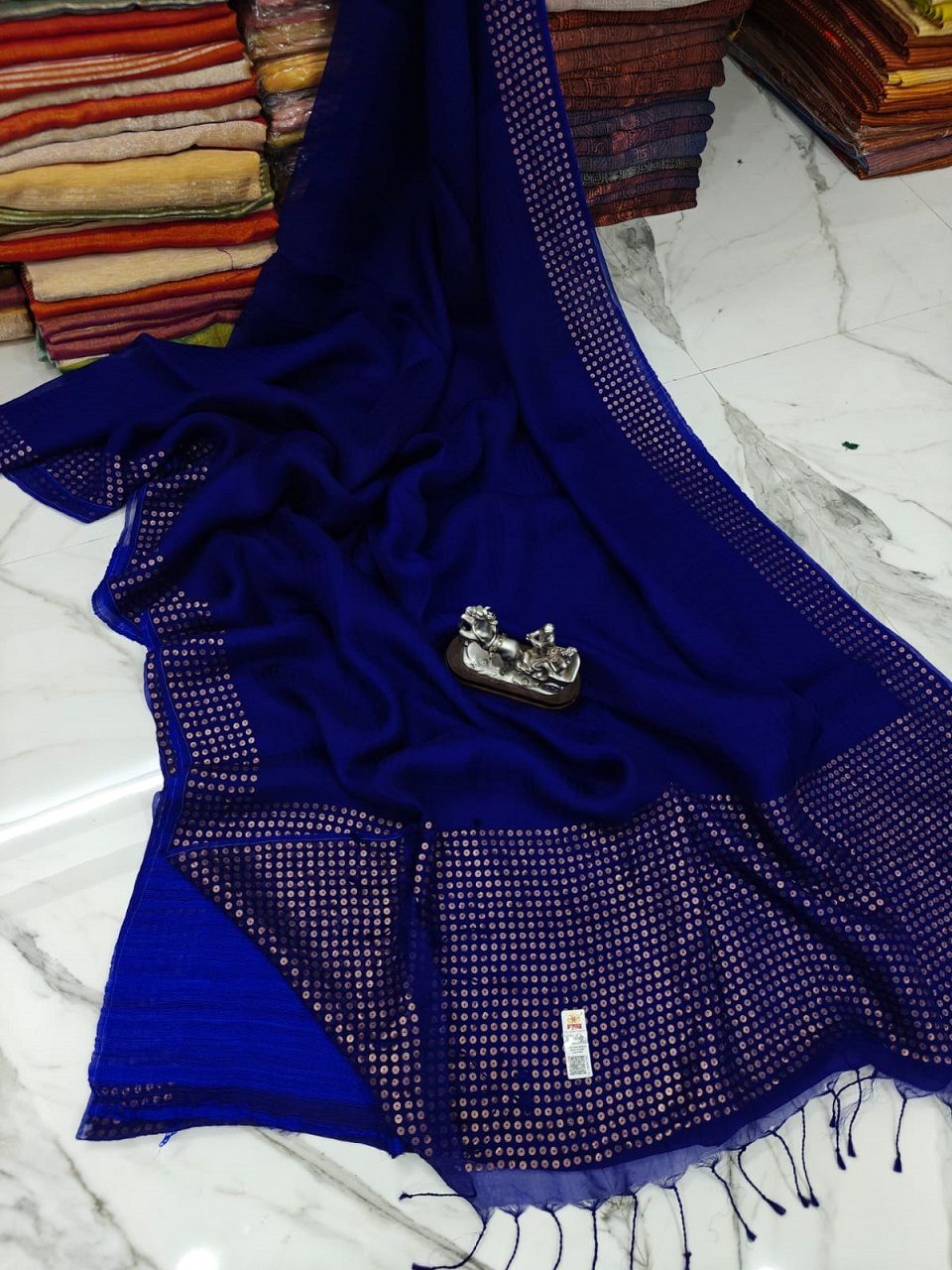 Royal Blue Pure Resham Silk Sequins Woven Saree With Matka Blouse