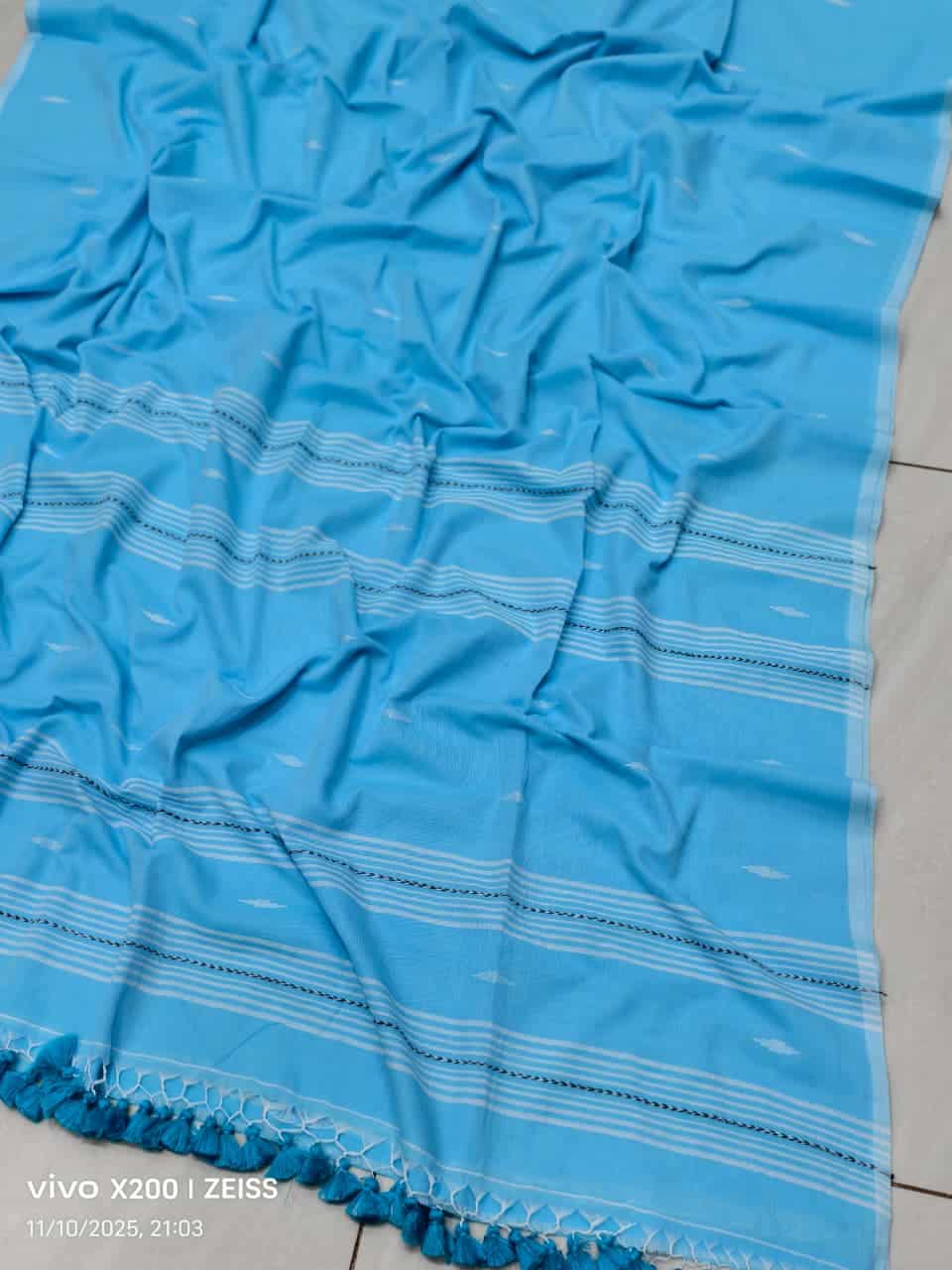 Sky Blue Handloom Cotton Jamdani Saree With Butti Work