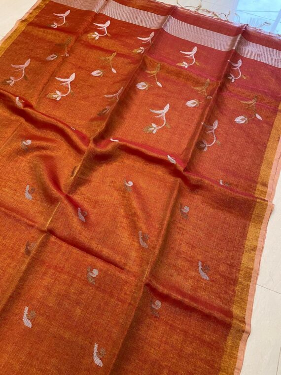 Stunning Rust Golden Handwoven Tissue Linen Saree With Floral Motif
