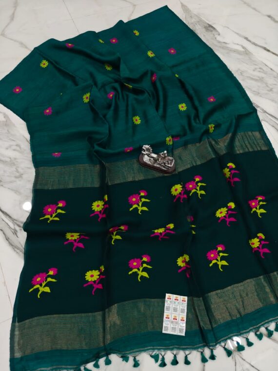 Teal Green Pure Matka Resham Silk Handloom Floral Motif Saree