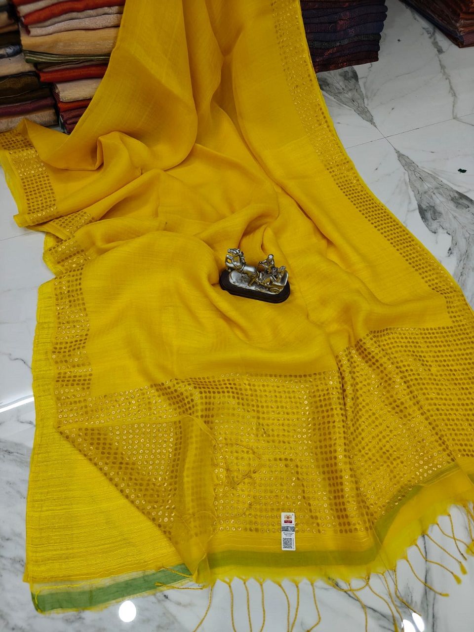 Yellow Pure Resham Silk Sequins Woven Saree With Matka Blouse