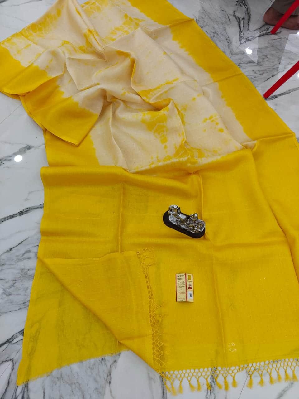 Yellow Shibori Pure Tussar Silk Saree With Running Blouse