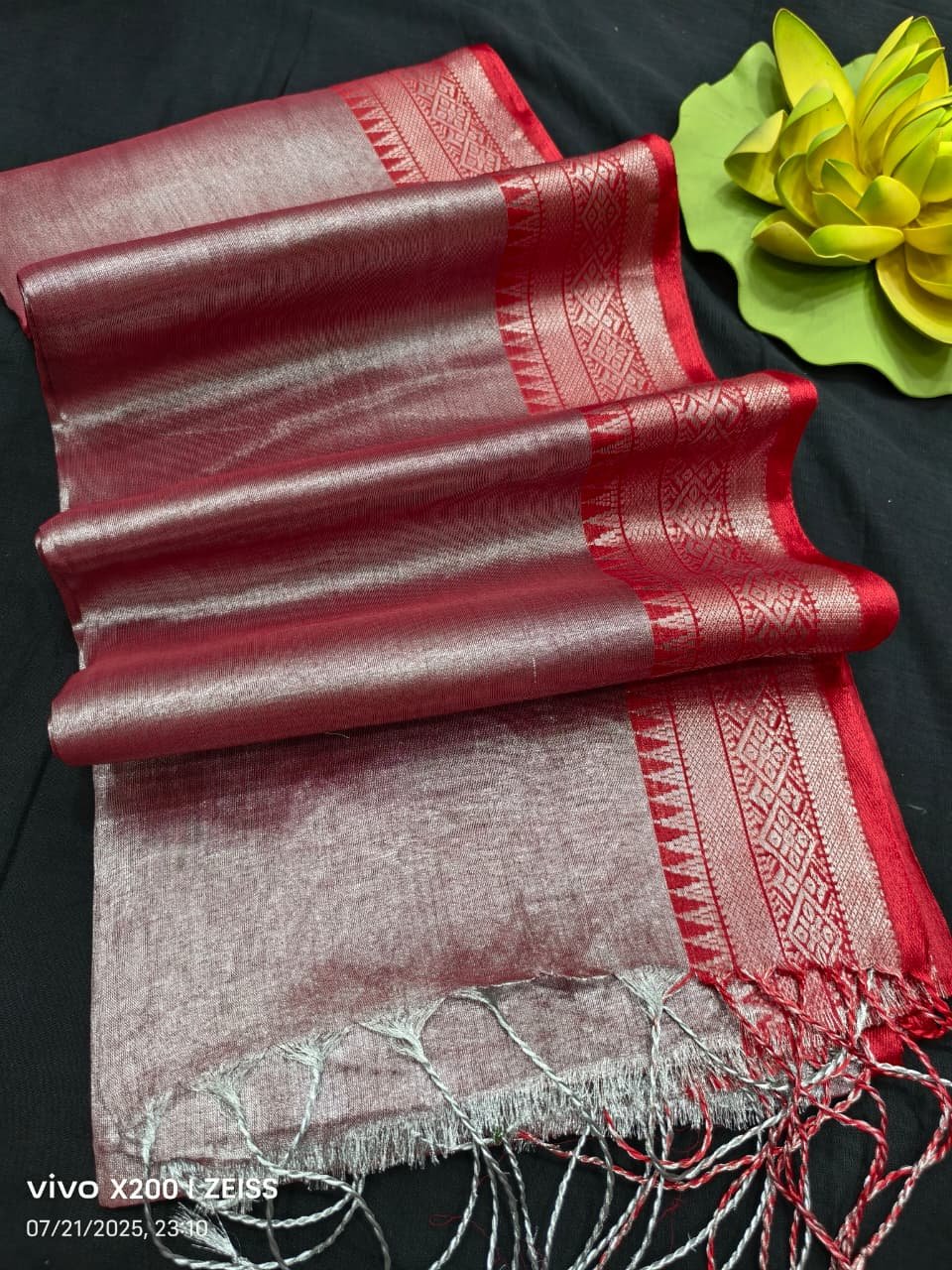 Brick Red Silver Cotton Tissue Saree With Traditional Borders Brick Red Silver Cotton Tissue Saree With Traditional Borders