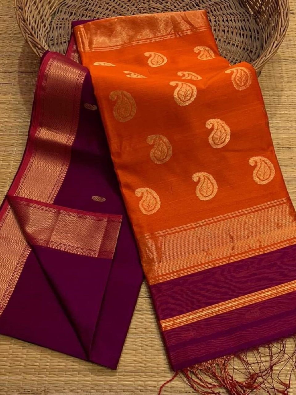 Classic Purple Rust Orange Cotton Silk Saree With Blouse Piece Classic Purple Rust Orange Cotton Silk Saree With Blouse Piece
