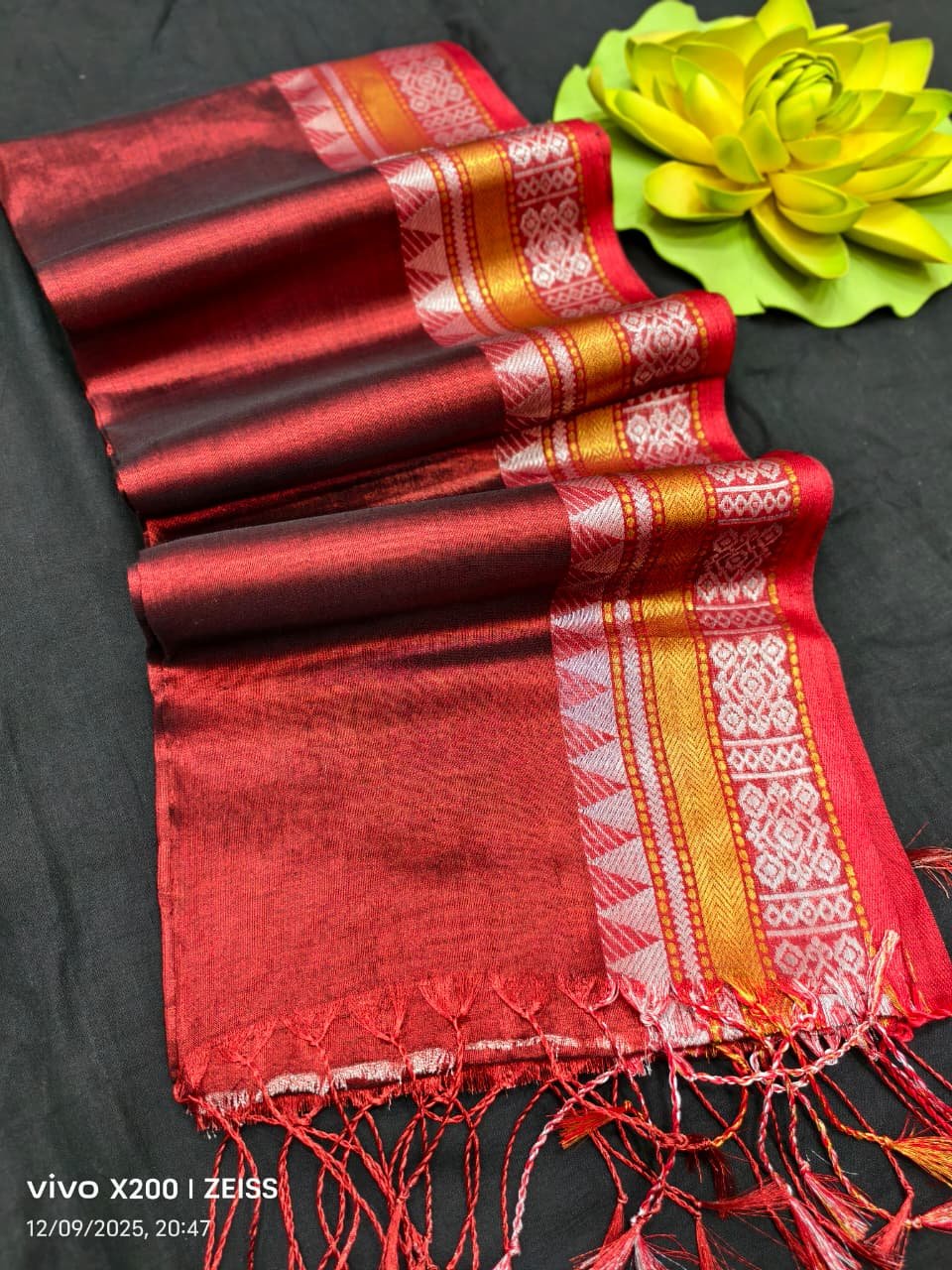 Classic Red Cotton Tissue Saree With Traditional Borders Classic Red Cotton Tissue Saree With Traditional Borders