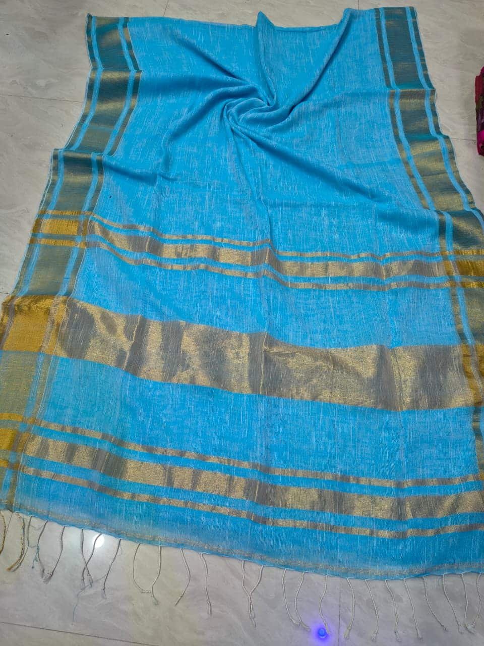 Delightful Blue Plain Linen Saree With Horizontal Stripes Border