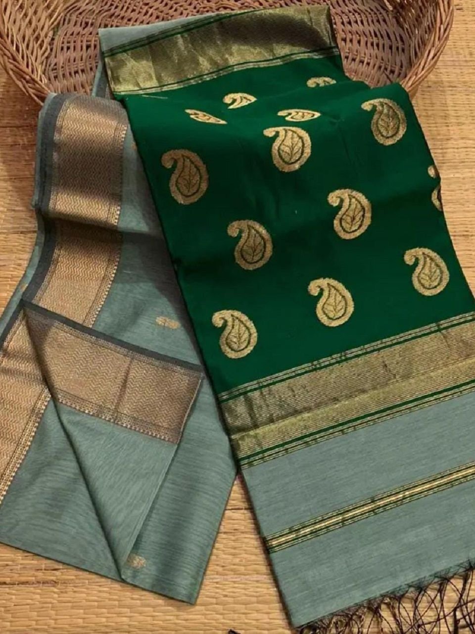 Graceful Sage Blue Green Cotton Silk Saree With Blouse Piece Graceful Sage Blue Green Cotton Silk Saree With Blouse Piece