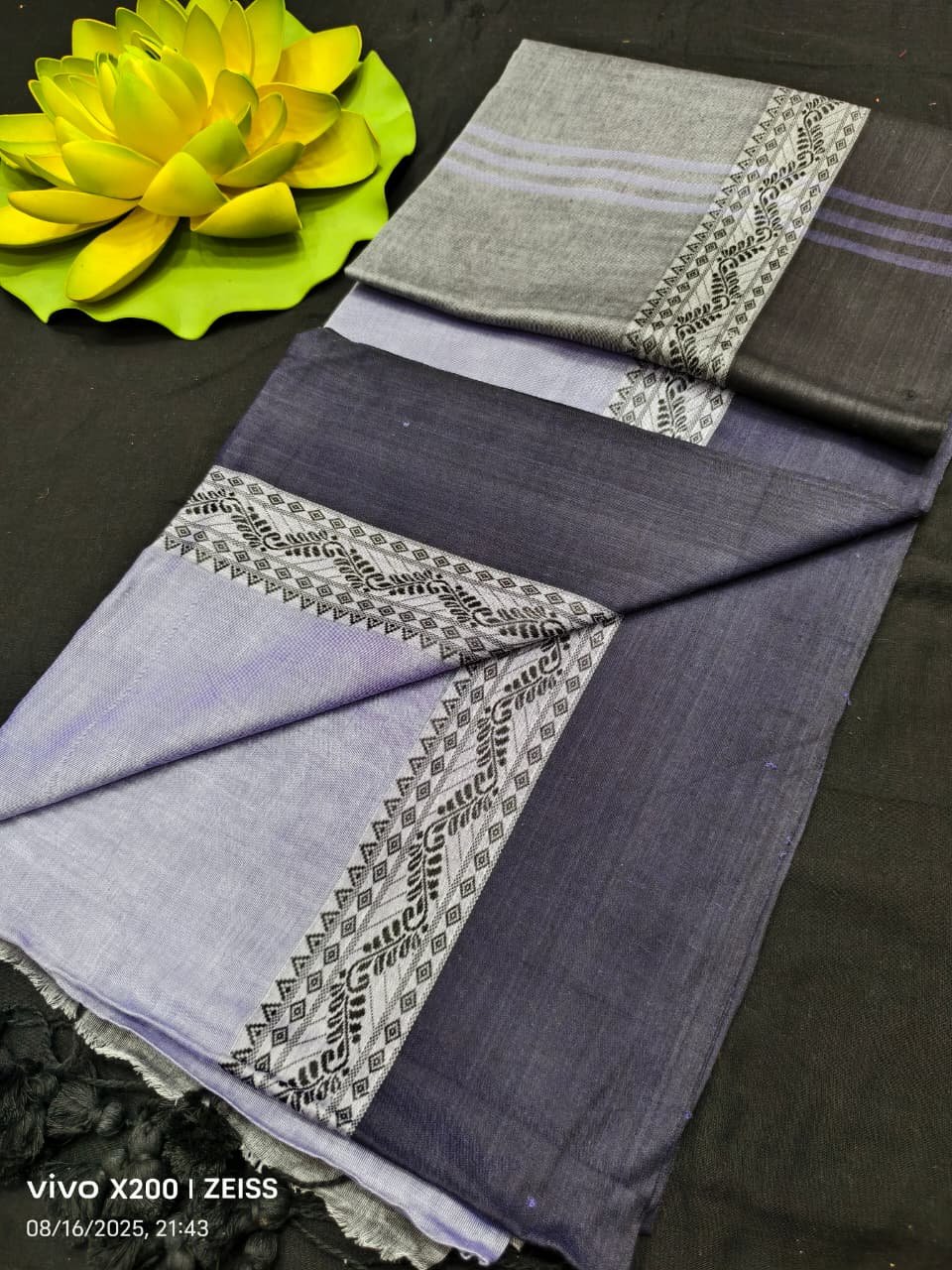 Lavendar Black Plain Cotton Saree With Running Blouse Lavendar Black Plain Cotton Saree With Running Blouse