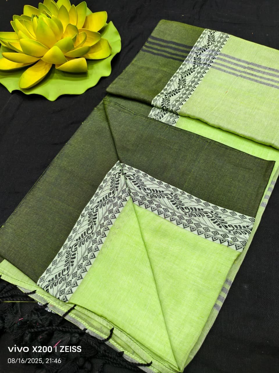 Lemon Green Black Plain Cotton Saree With Running Blouse Lemon Green Black Plain Cotton Saree With Running Blouse