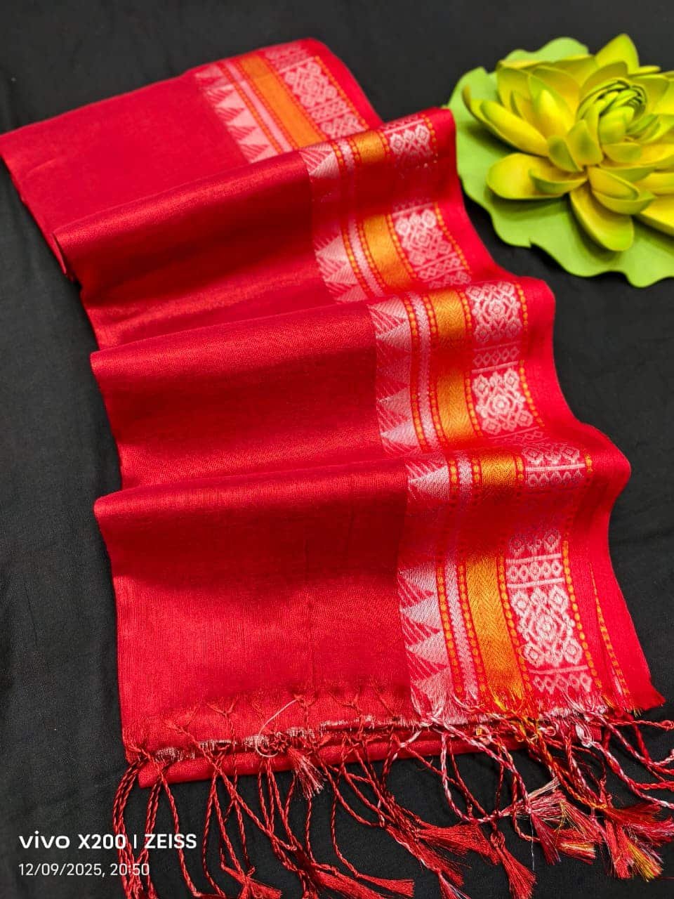 Lovely Red Cotton Tissue Saree With Traditional Borders Lovely Red Cotton Tissue Saree With Traditional Borders
