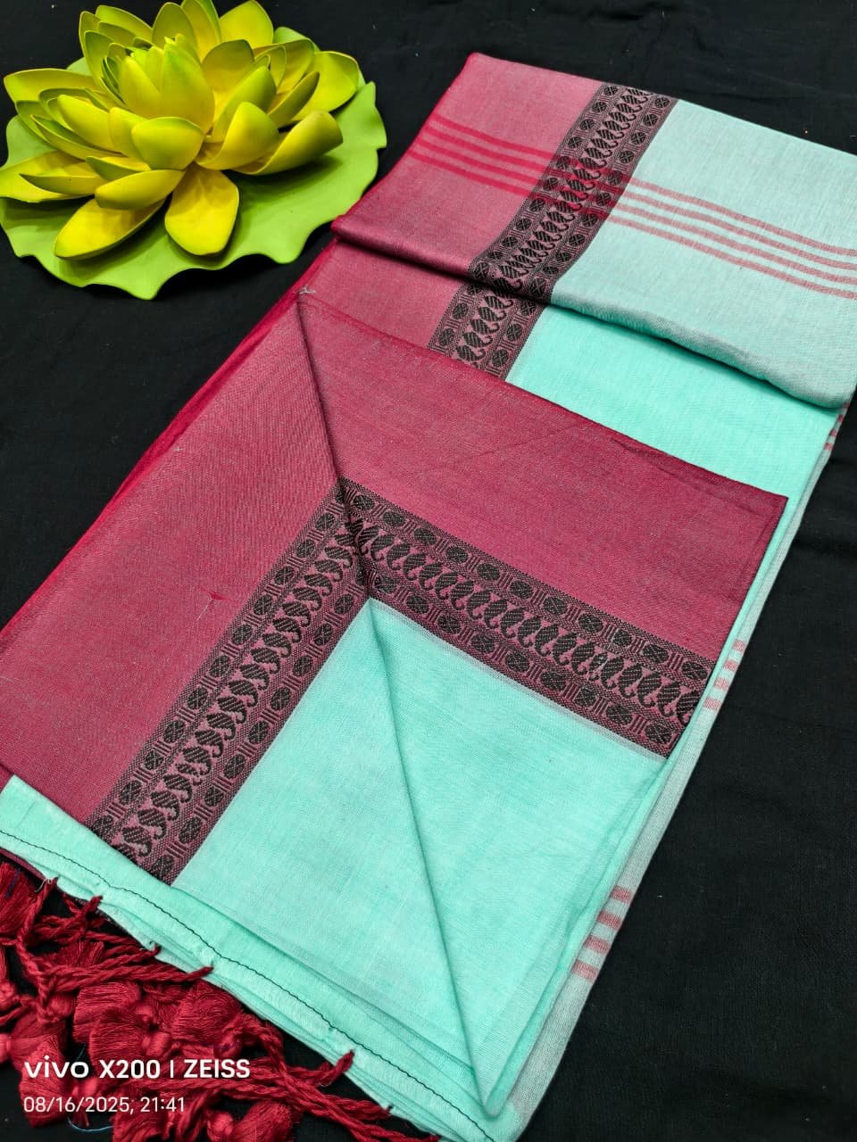 Mint Blue Red Plain Cotton Saree With Running Blouse Mint Blue Red Plain Cotton Saree With Running Blouse