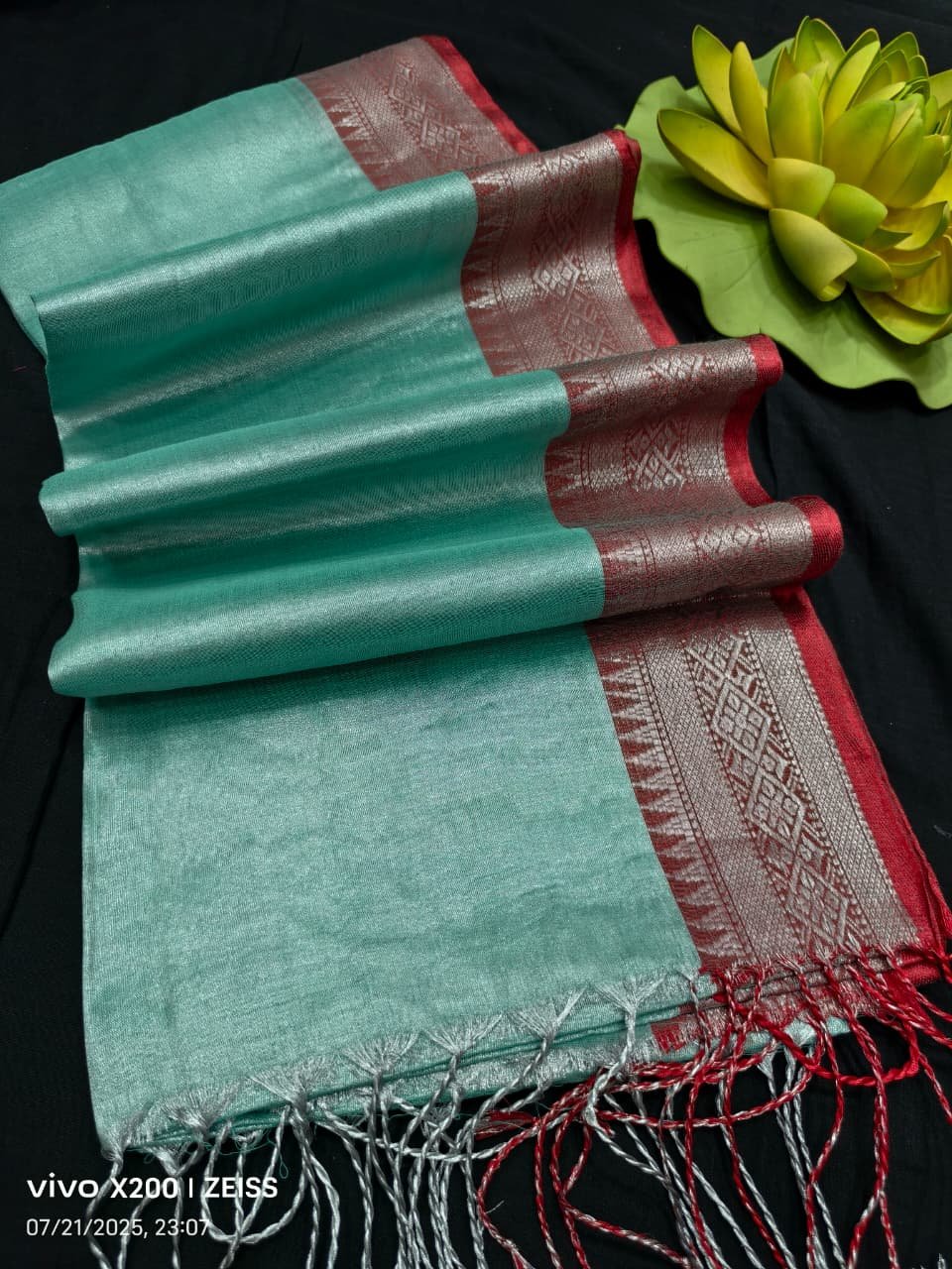 Mint Green Cotton Tissue Saree With Traditional Borders Mint Green Cotton Tissue Saree With Traditional Borders