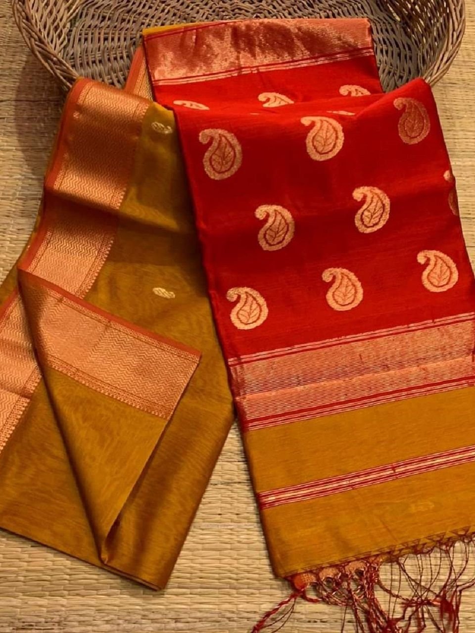 Mustard Brown Red Cotton Silk Saree With Blouse Piece Mustard Brown Red Cotton Silk Saree With Blouse Piece