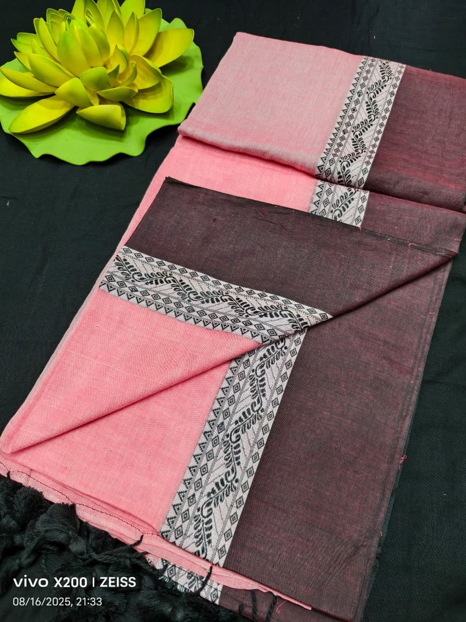 Peach Black Plain Cotton Saree With Running Blouse Peach Black Plain Cotton Saree With Running Blouse