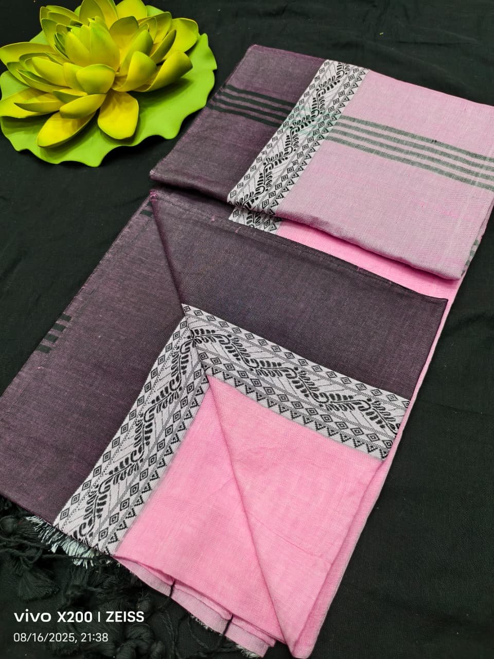 Pink Black Plain Cotton Saree With Running Blouse Pink Black Plain Cotton Saree With Running Blouse