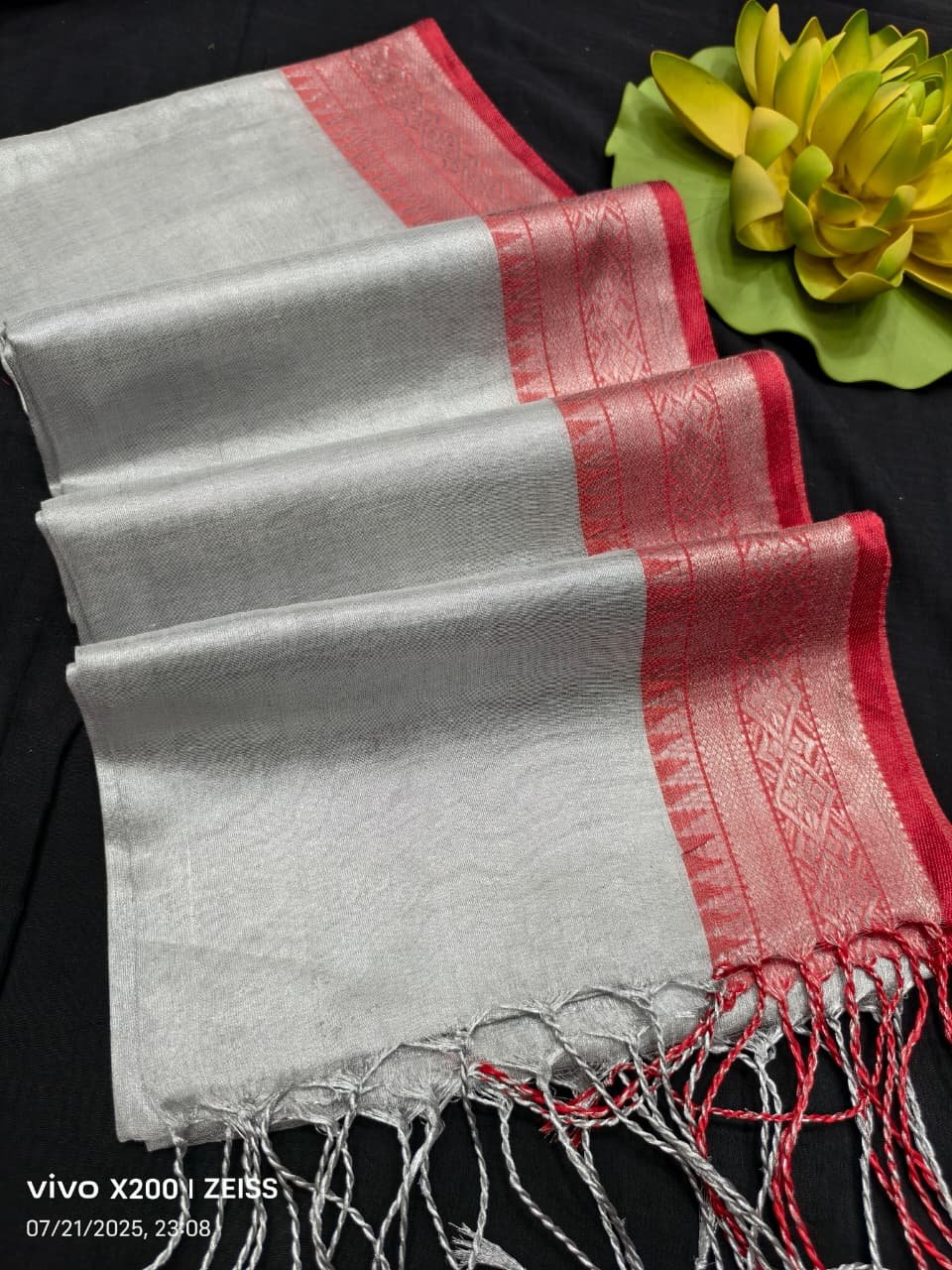 Plain Silver Cotton Tissue Saree With Traditional Borders Plain Silver Cotton Tissue Saree With Traditional Borders