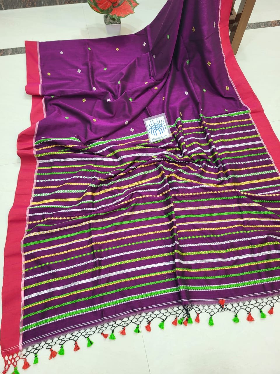 Purple Butti Design Pure Handwoven Cotton Saree With Stripped Pallu Purple Butti Design Pure Handwoven Cotton Saree With Stripped Pallu