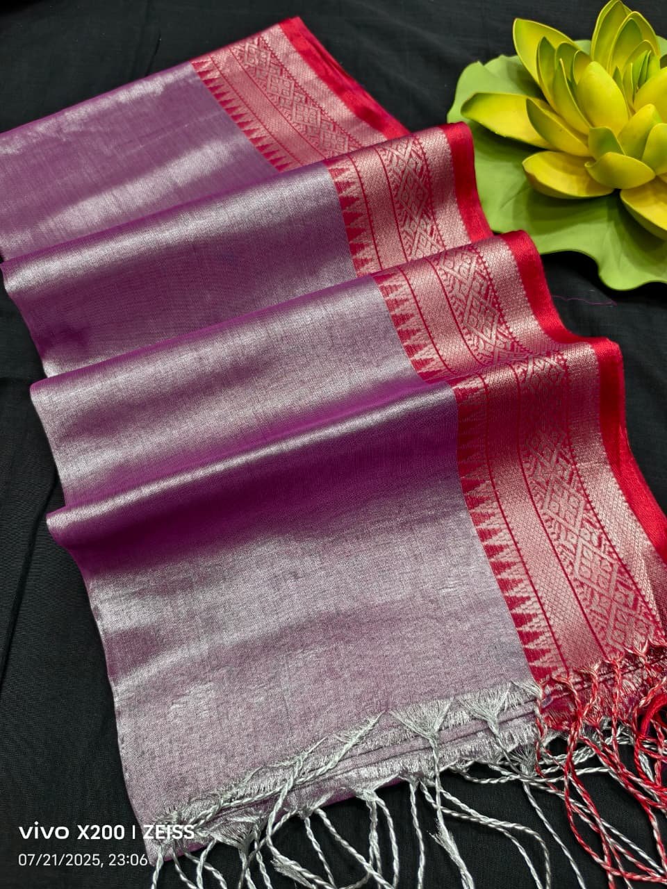 Purple Silver Cotton Tissue Saree With Traditional Borders Purple Silver Cotton Tissue Saree With Traditional Borders