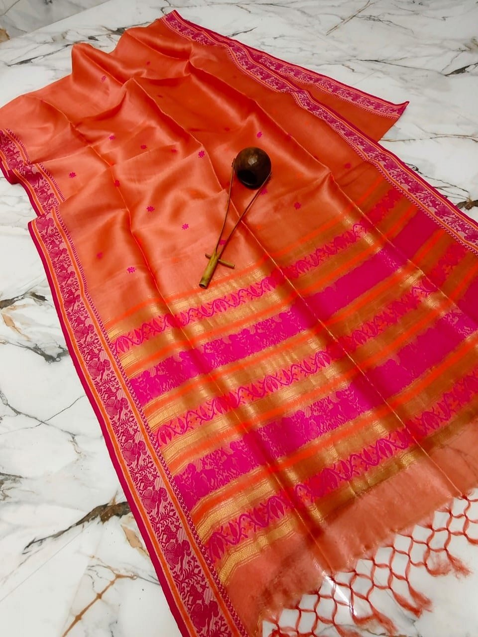 Rust Orange Pure Gacchi Tussar Baluchuri Saree Rust Orange Pure Gacchi Tussar Baluchuri Saree