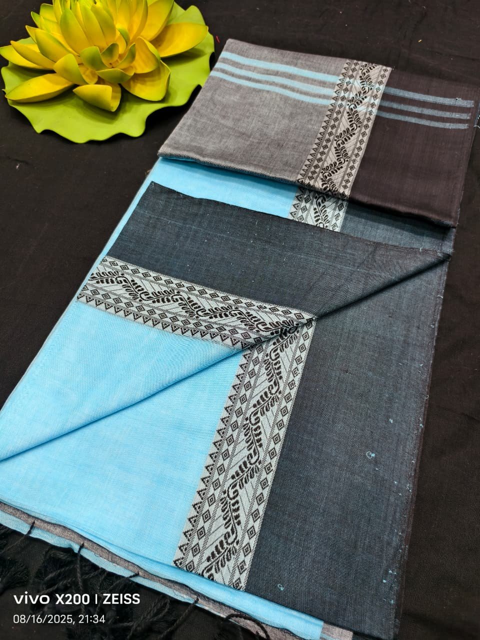 Sky Blue Black Plain Cotton Saree With Running Blouse Sky Blue Black Plain Cotton Saree With Running Blouse