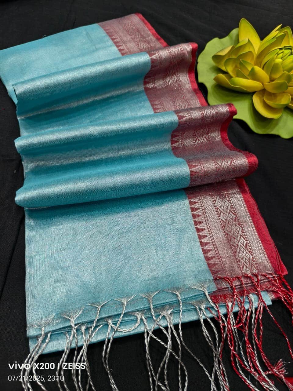 Sky Blue Silver Cotton Tissue Saree With Traditional Borders Sky Blue Silver Cotton Tissue Saree With Traditional Borders