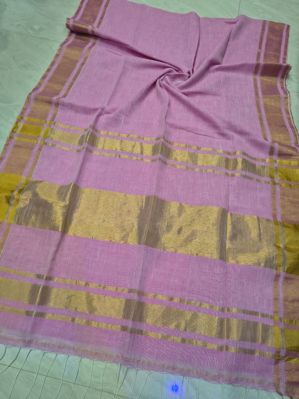 Subtle Pink Plain Linen Saree With Horizontal Stripes Border