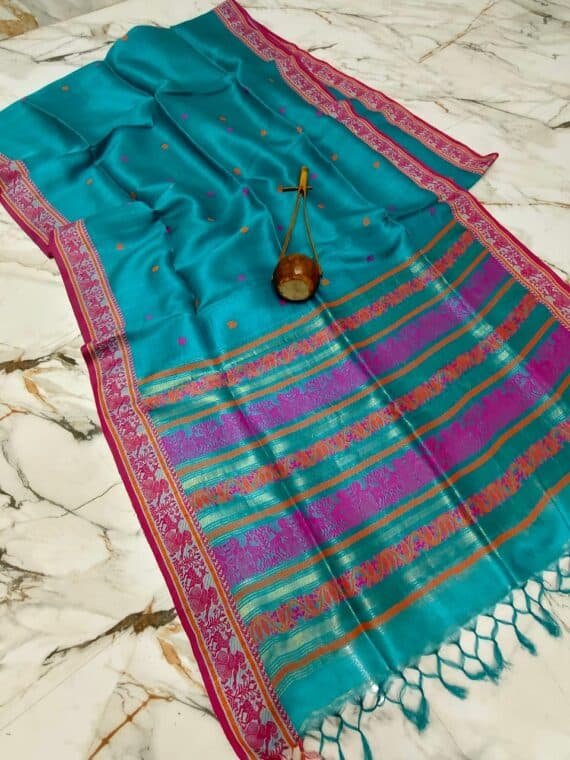 Teal Blue Pure Gacchi Tussar Baluchuri Saree