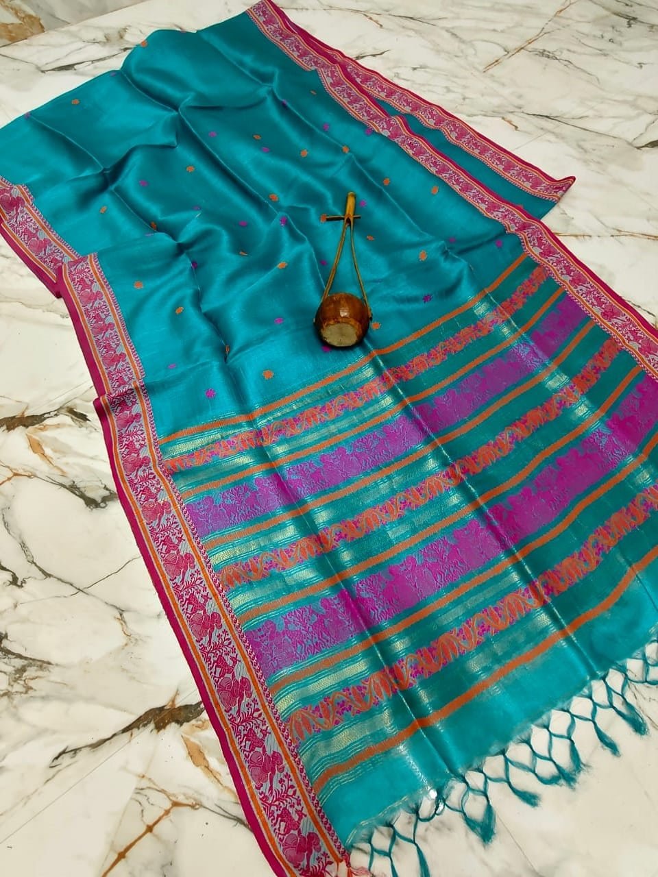 Teal Blue Pure Gacchi Tussar Baluchuri Saree Teal Blue Pure Gacchi Tussar Baluchuri Saree
