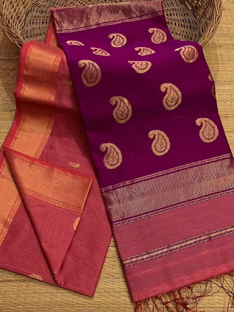 Unique Pink Purple Cotton Silk Saree With Blouse Piece Unique Pink Purple Cotton Silk Saree With Blouse Piece