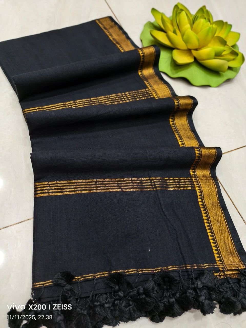 Attractive Black Pure Cotton Mangalgiri Saree with Golden Borders Attractive Black Pure Cotton Mangalgiri Saree with Golden Borders