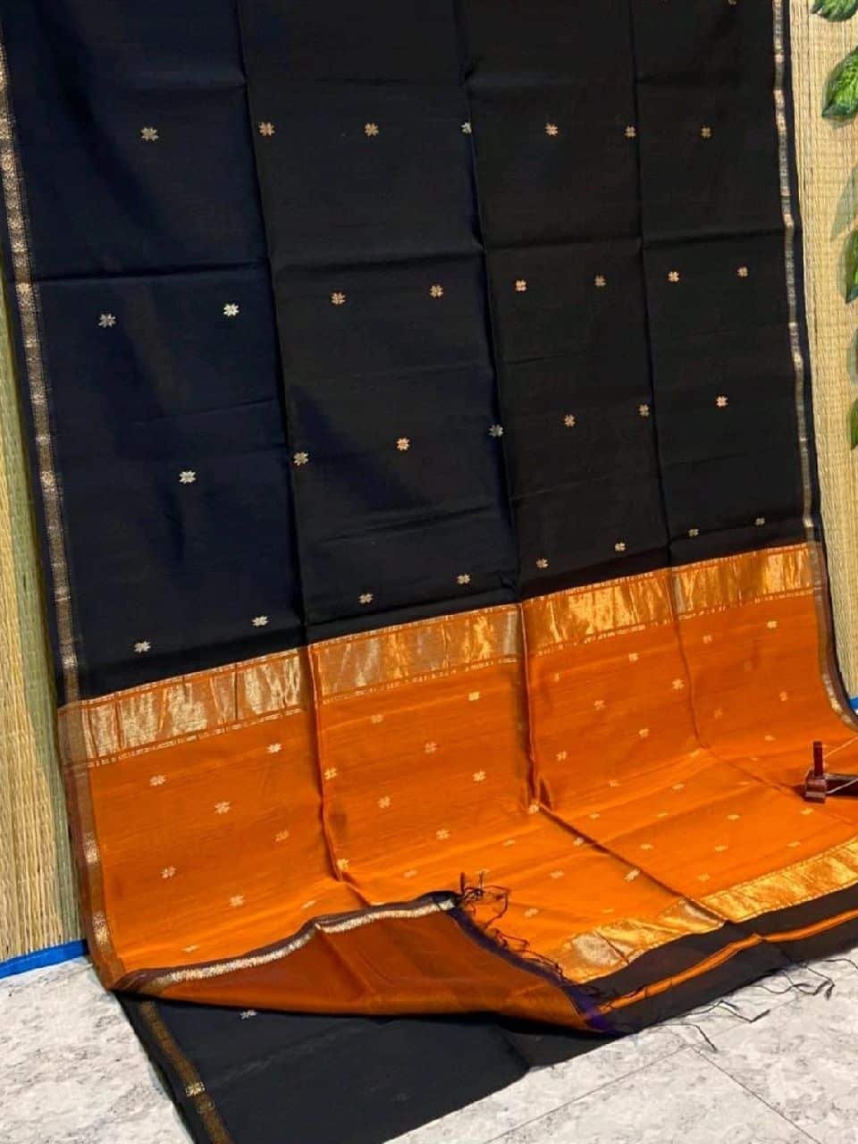 Beautiful Black Orange Cotton Silk Saree With Lovely Thin Borders Beautiful Black Orange Cotton Silk Saree With Lovely Thin Borders