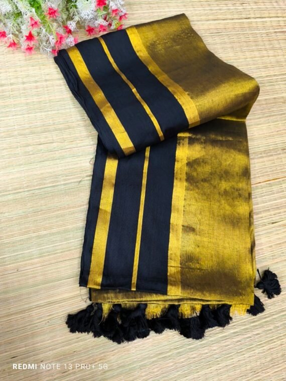 Black Golden Blend Tissue Cotton Saree Without Blouse