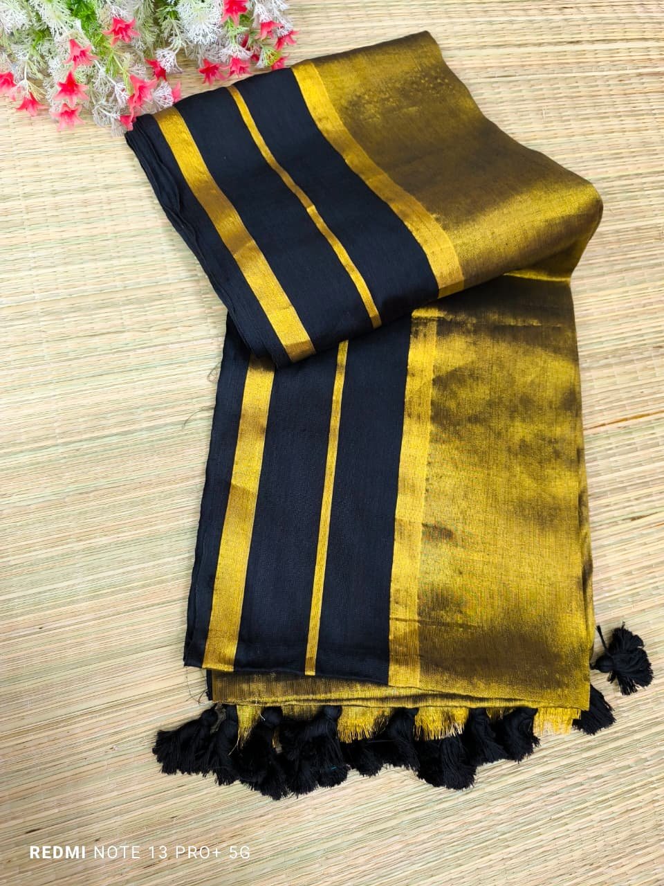 Black Golden Blend Tissue Cotton Saree Without Blouse Black Golden Blend Tissue Cotton Saree Without Blouse